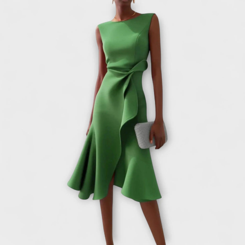 aurelia elegant white midi dress with asymmetrical drape for special occasions