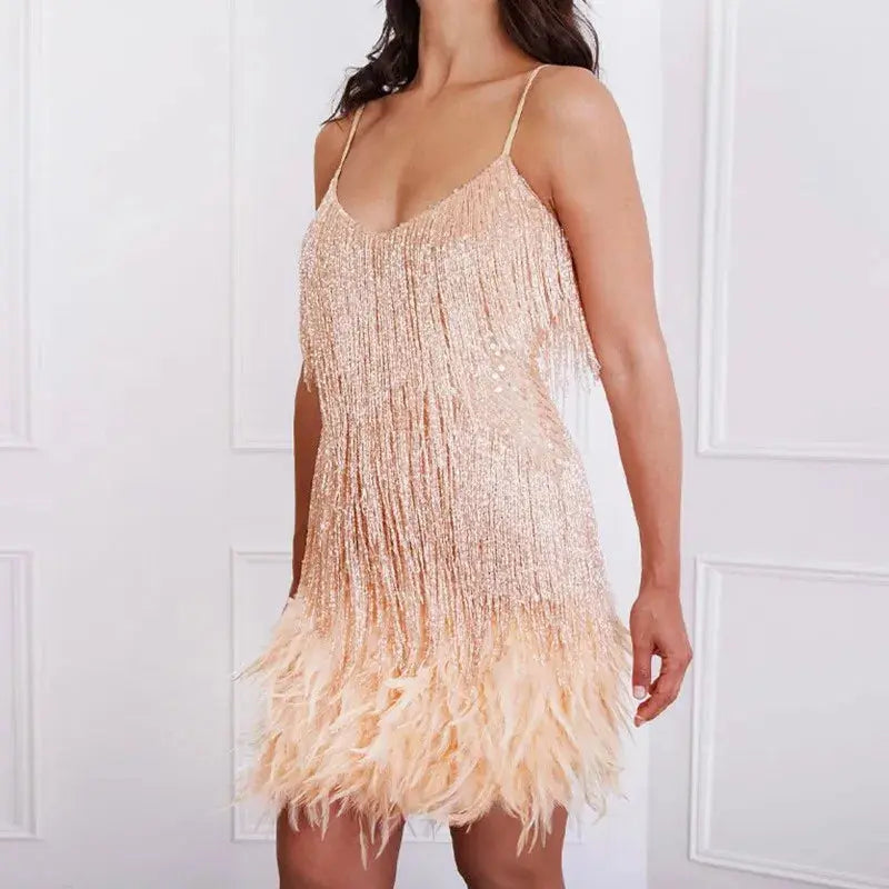 nova belle elegant women's cocktail dress with fringe feathers for formal events