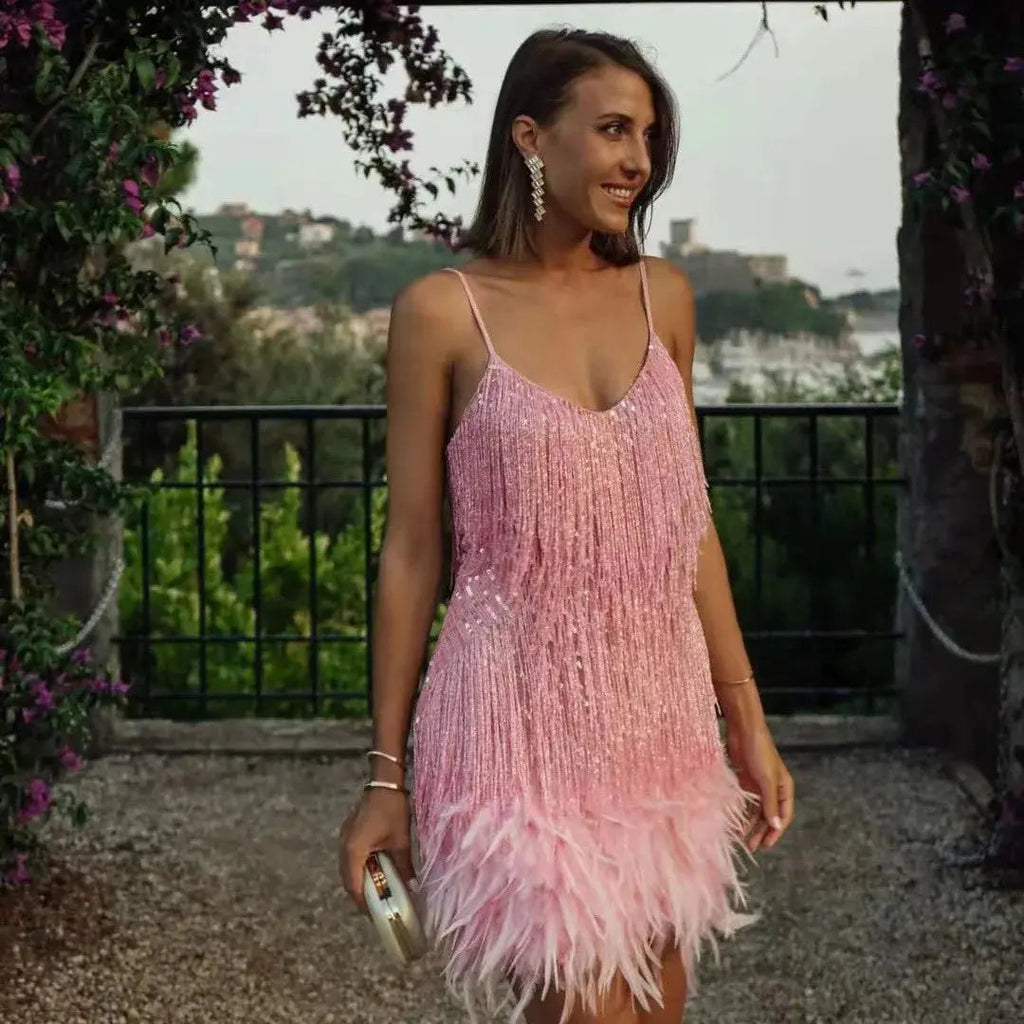 nova belle elegant women's cocktail dress with fringe feathers for formal events