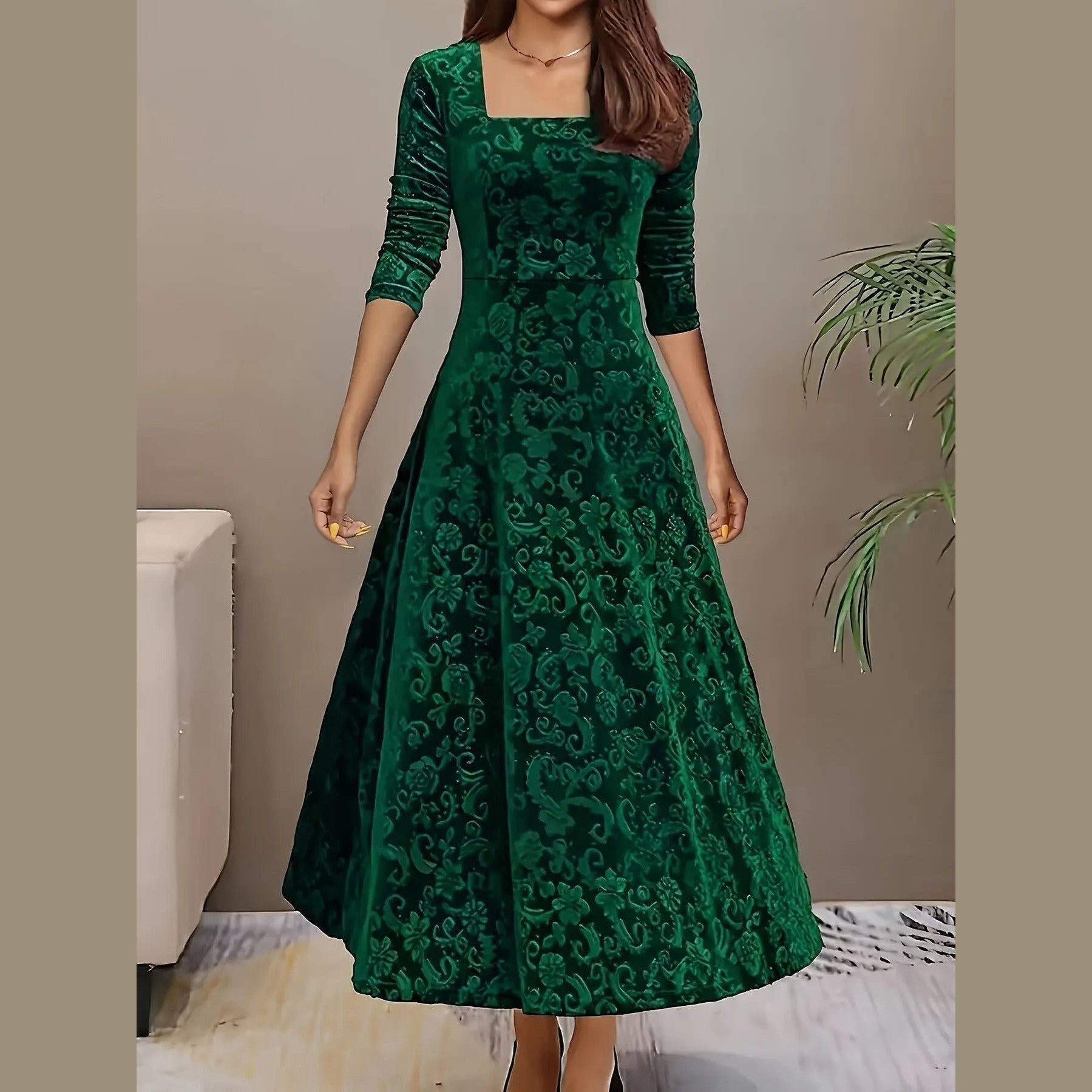 elara elegant women's midi dress with floral velvet design for cocktail events