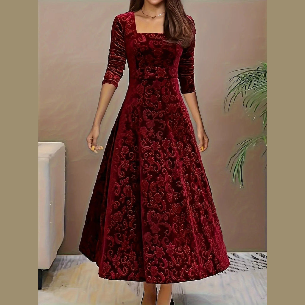 elara elegant women's midi dress with floral velvet design for cocktail events