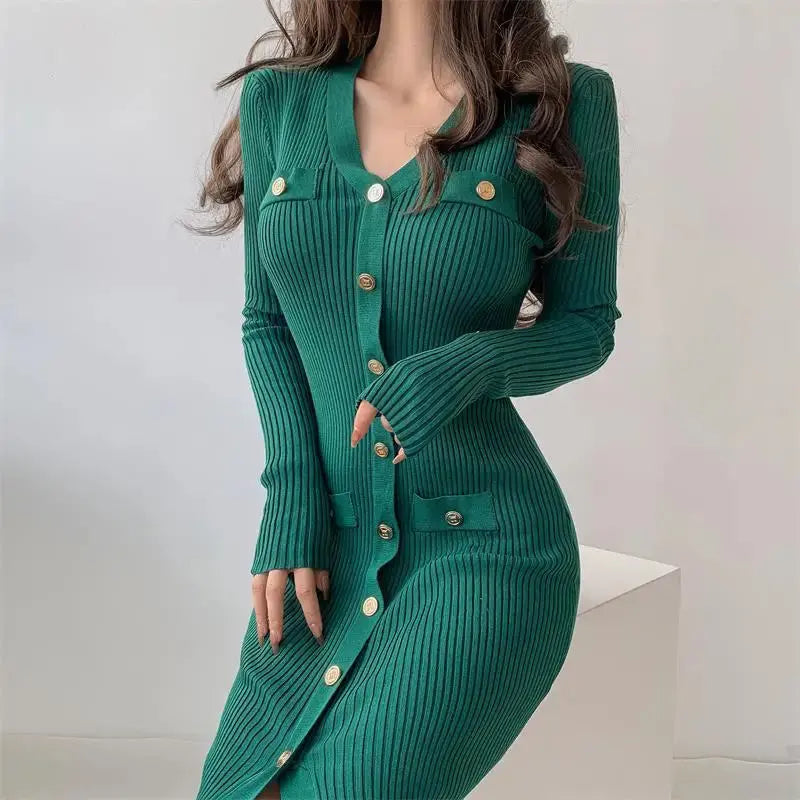 aurelia knit midi dress with gold button detail for elegant occasions