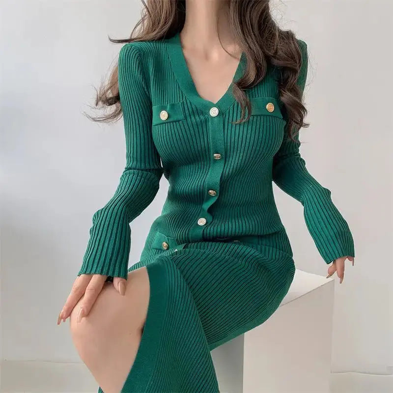 aurelia knit midi dress with gold button detail for elegant occasions