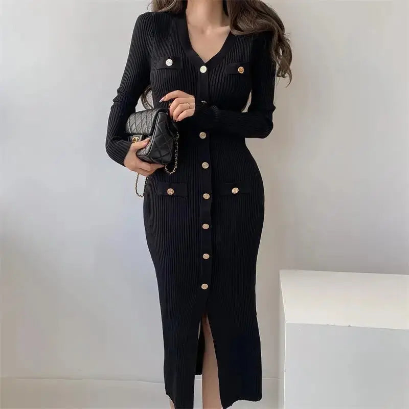 aurelia knit midi dress with gold button detail for elegant occasions