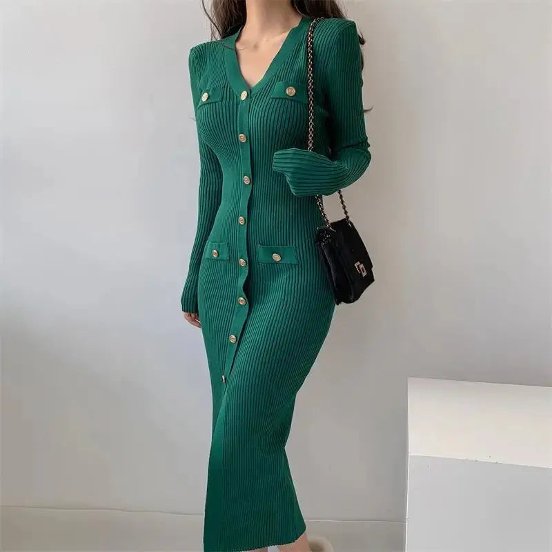 aurelia knit midi dress with gold button detail for elegant occasions