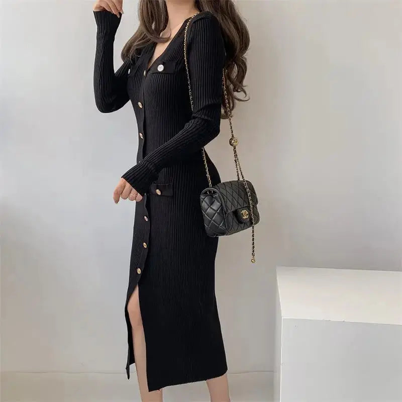 aurelia knit midi dress with gold button detail for elegant occasions