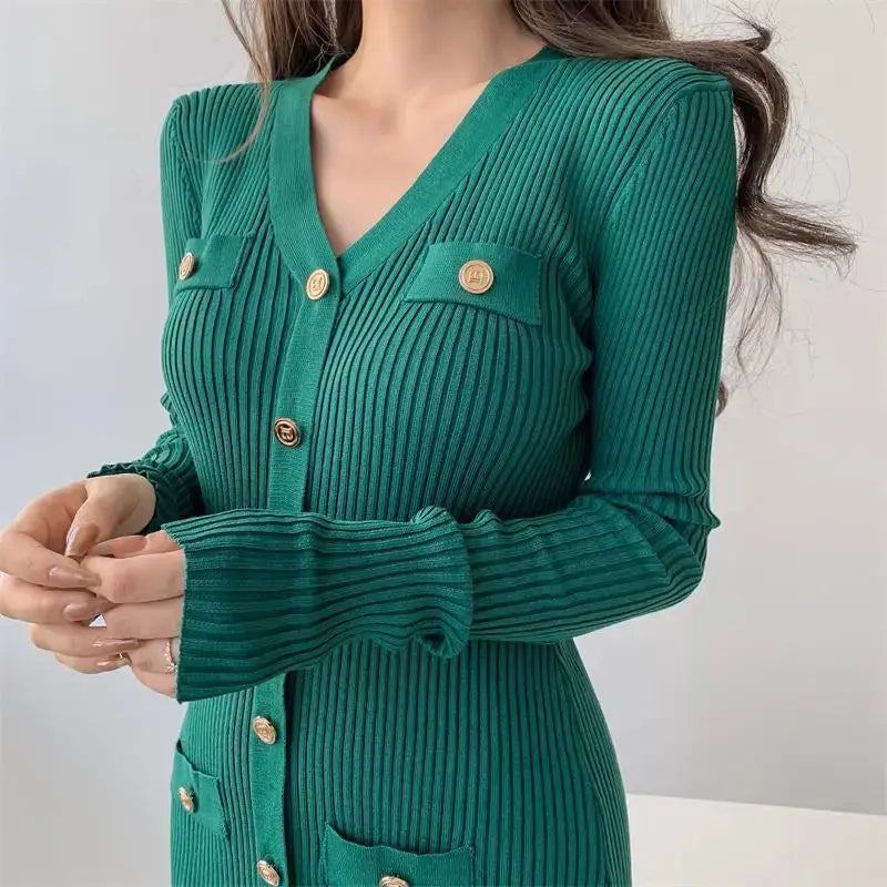aurelia knit midi dress with gold button detail for elegant occasions