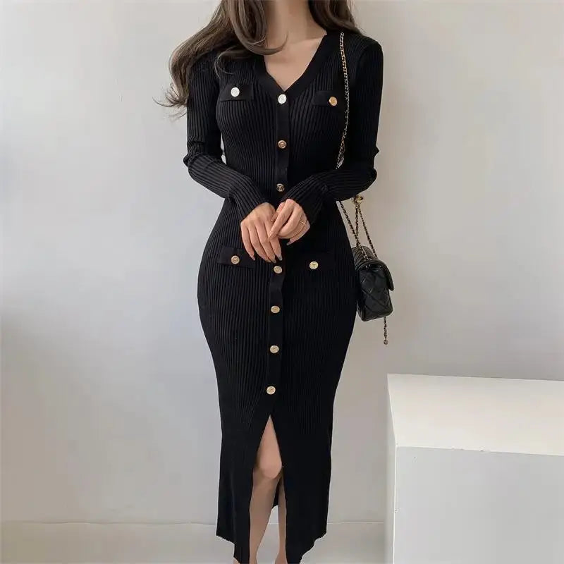 aurelia knit midi dress with gold button detail for elegant occasions