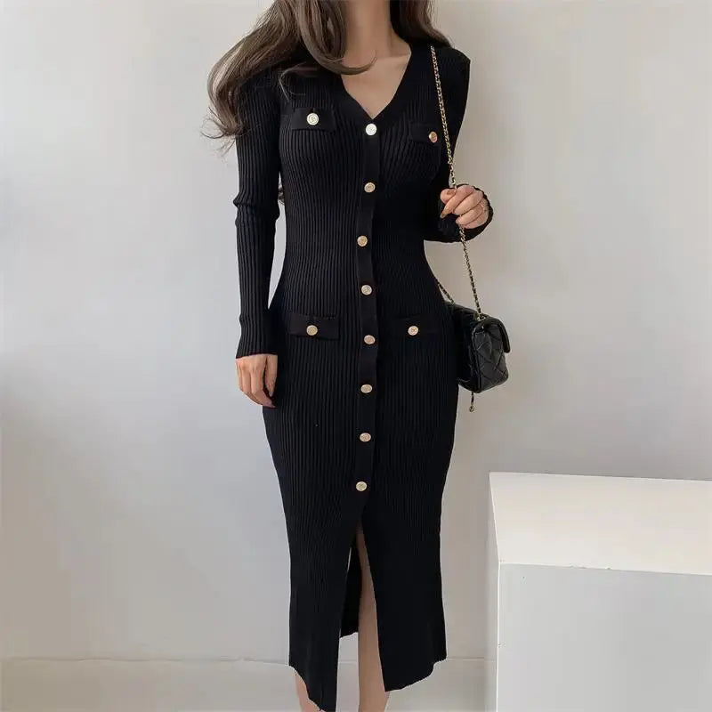 aurelia knit midi dress with gold button detail for elegant occasions