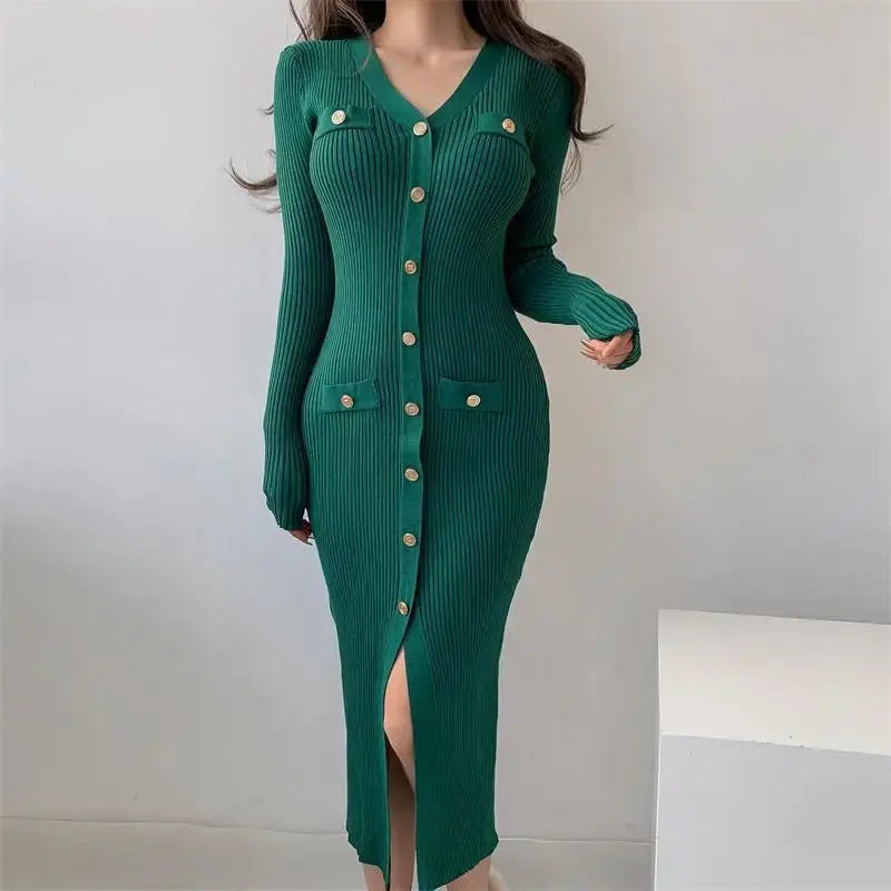 aurelia knit midi dress with gold button detail for elegant occasions