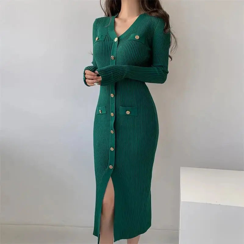 aurelia knit midi dress with gold button detail for elegant occasions