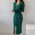 aurelia knit midi dress with gold button detail for elegant occasions