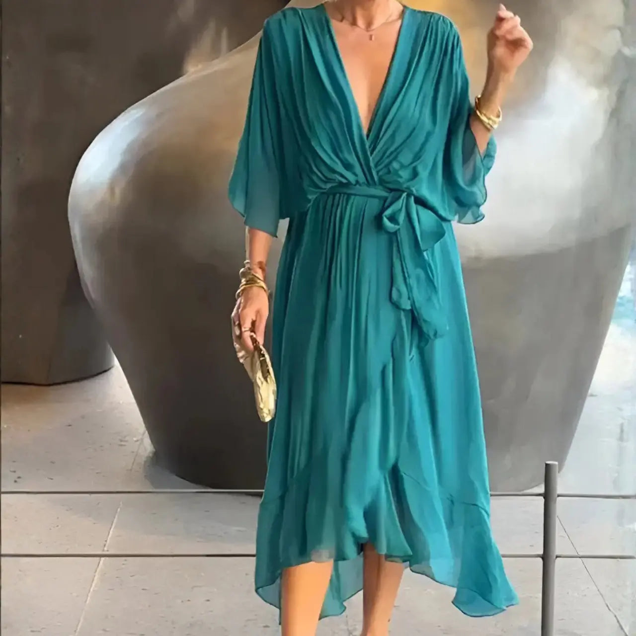 ariaa elegant chiffon midi dress with flowing silhouette for casual and formal