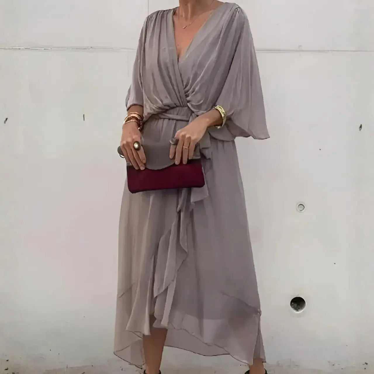 ariaa elegant chiffon midi dress with flowing silhouette for casual and formal