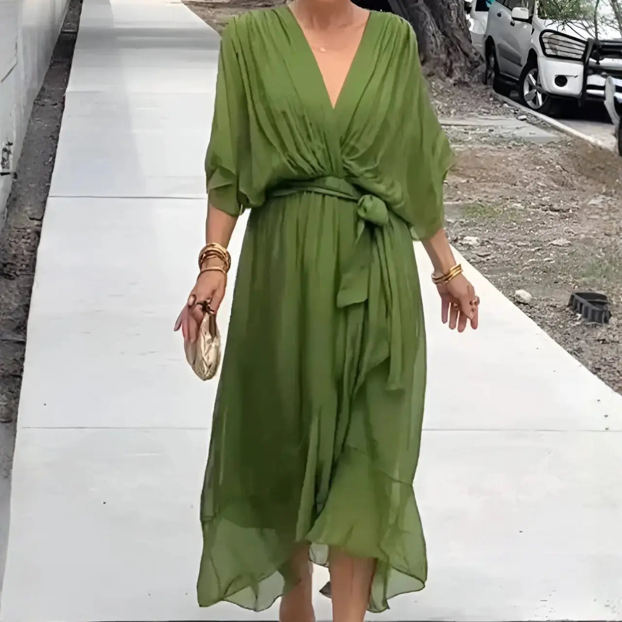 ariaa elegant chiffon midi dress with flowing silhouette for casual and formal