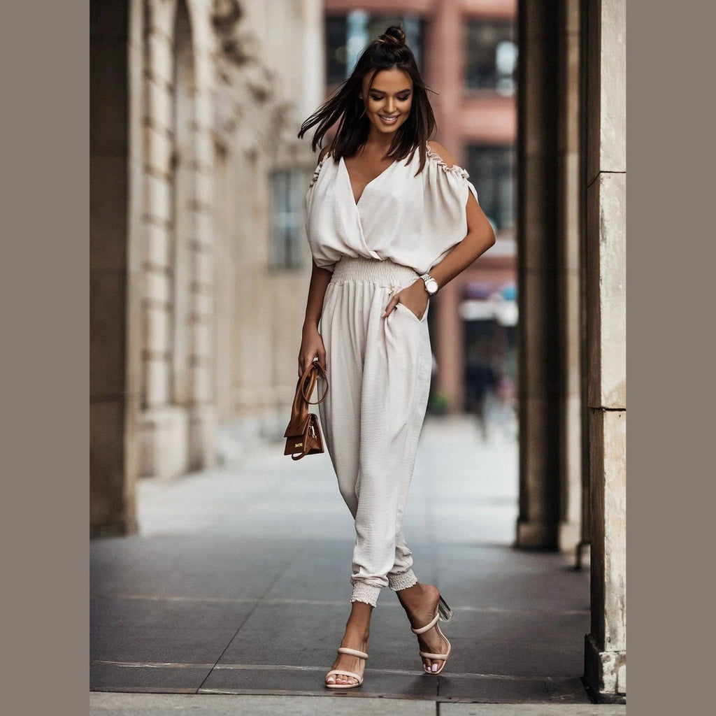 nova elegant white jumpsuit with open shoulders for glamorous and casual looks